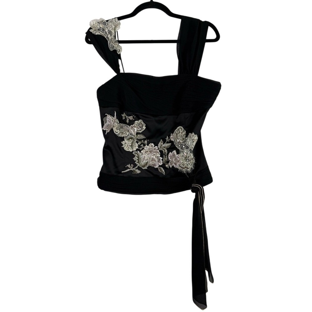 Adrianna Papell Evening Essentials Black Embellished Blouse Silk Lined 10